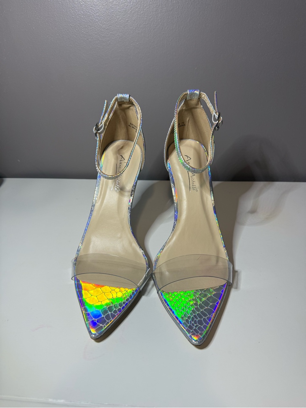 Anne Michelle Iridescent Holographic Pointed-Toe Ankle Strap Heels